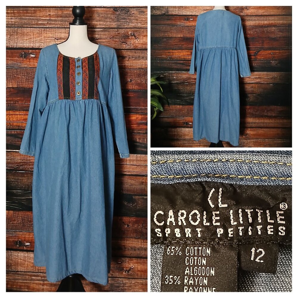 Carole Little Sport Denim Midi Dress 12 Petite Embroidered Loose Fit Vintage 90s